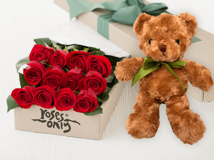 Valentine Flowers 12 Red Roses Gift Box and Teddy Bear