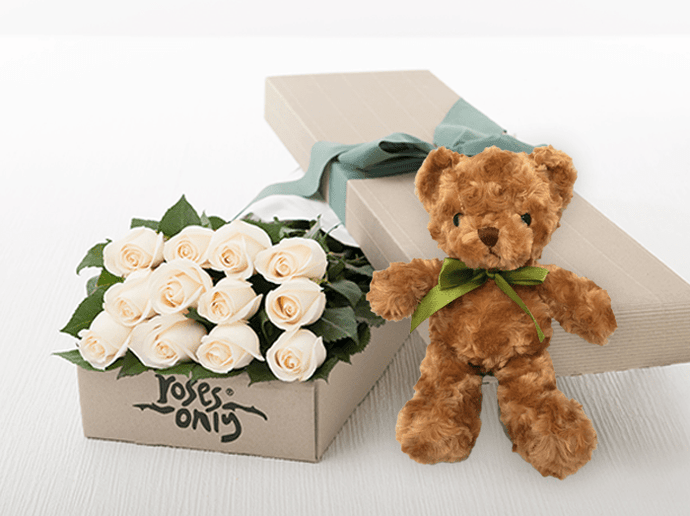12 White Cream Roses Gift Box & Teddy Bear