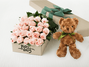 24 Pastel Pink Roses Gift Box & Teddy Bear