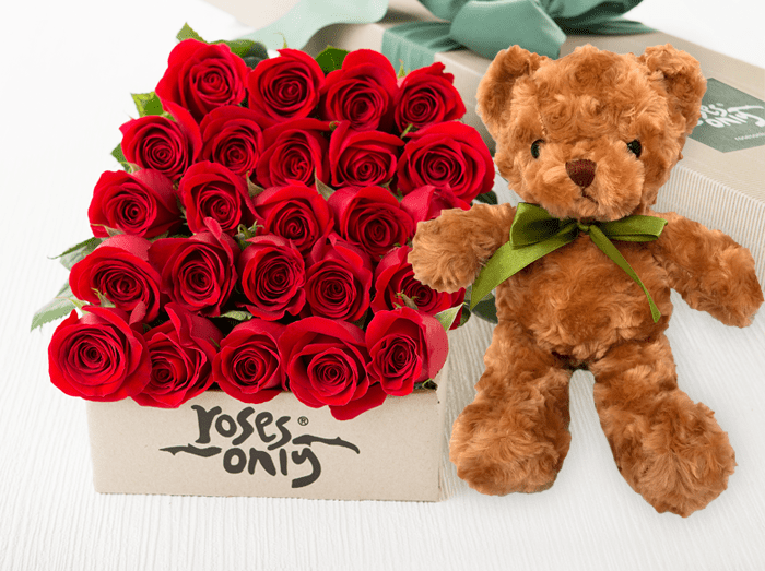 24 Red Roses Gift Box & Teddy Bear