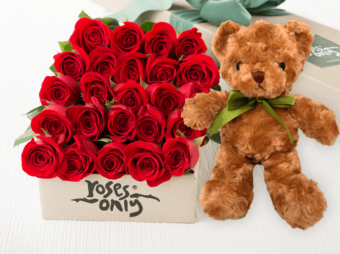 Valentine Flowers 24 Red Roses Gift Box and Teddy Bear