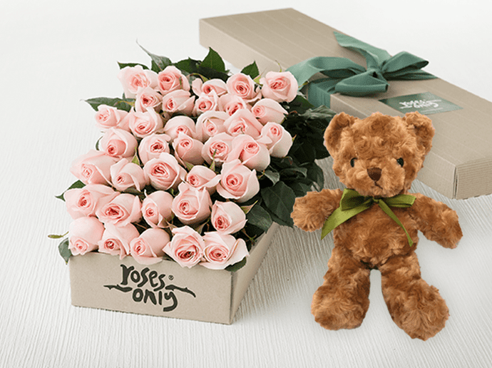 36 Pastel Pink Roses Gift Box & Teddy Bear