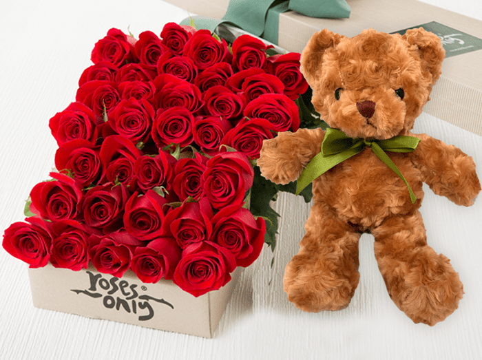 Valentine Flowers 36Red Roses Gift Box and Teddy Bear