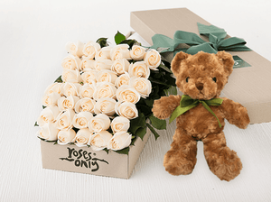 36 White Cream Roses Gift Box & Teddy Bear