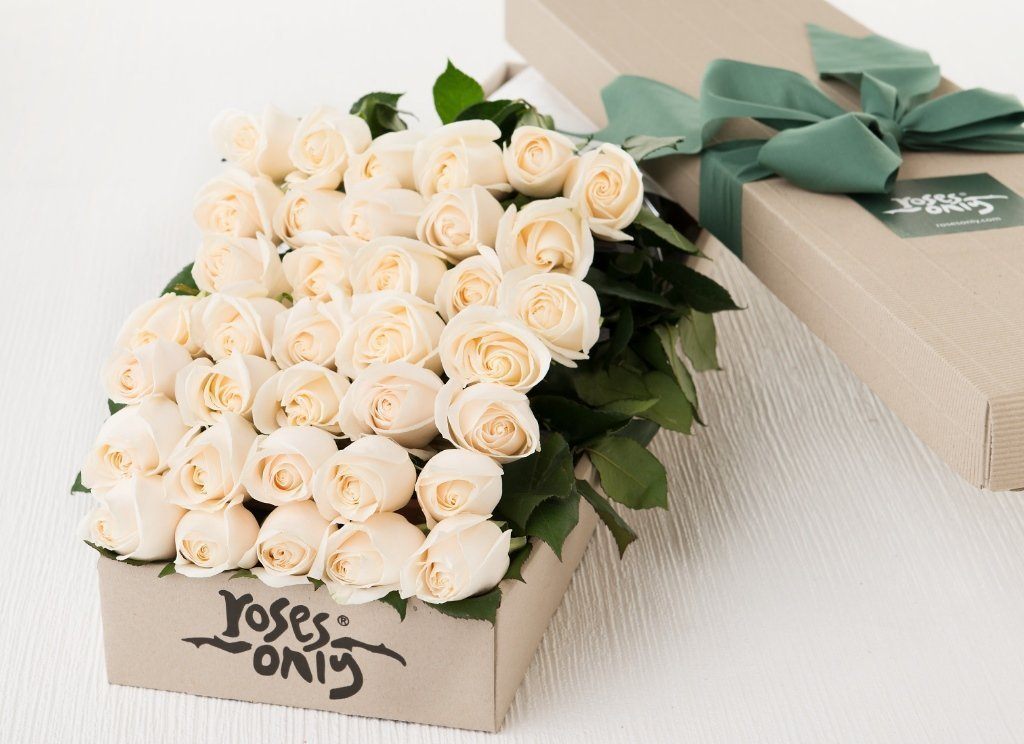 36 white cream roses signature box