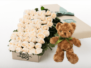 50 White Cream Roses Gift Box & Teddy Bear
