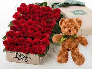 50 Red Roses Gift Box & Teddy Bear