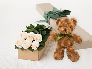 6 White Cream Roses Gift Box & Teddy Bear