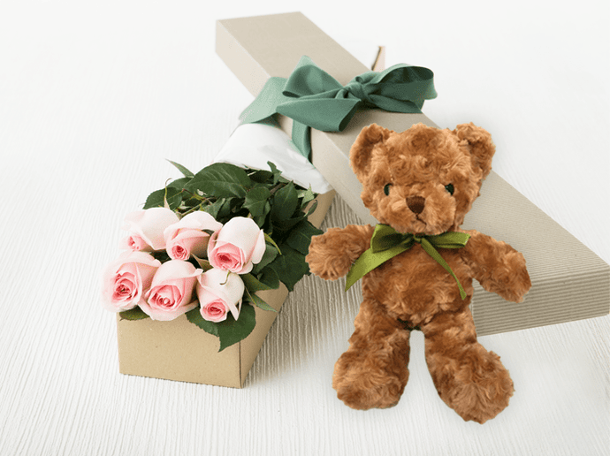 6 Pastel Pink Roses Gift Box & Teddy Bear
