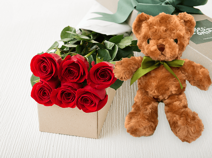 6 Red Roses Gift Box & Teddy Bear