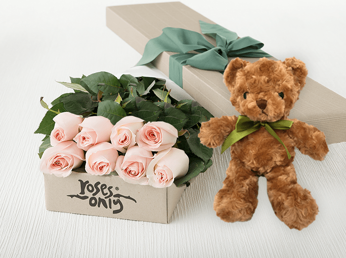 8 Pastel Pink Roses Gift Box & Teddy Bear