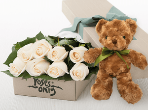8 White Cream Roses Gift Box & Teddy Bear