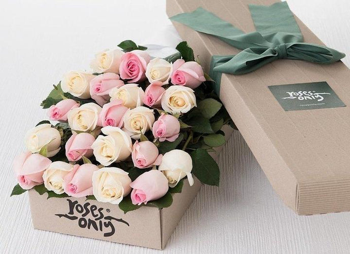 24 Mixed Pink and White Cream Roses Gift Box