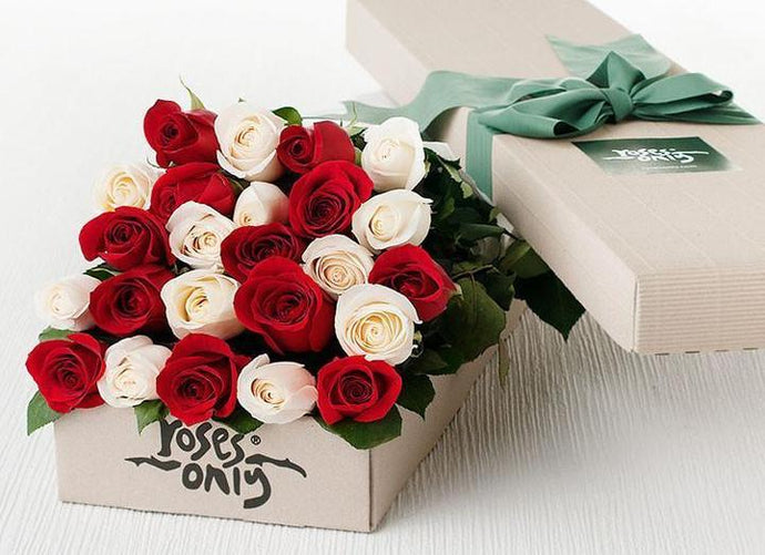 24 Mixed Red and White Cream Roses Gift Box